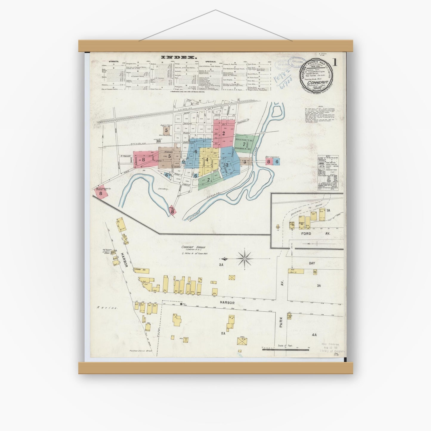Old map wall art mockup — magnetic wood frame on white wall — Sanborn Fire Insurance Map from Conneaut, Ashtabula County, Ohio (1898), Sheet #0001