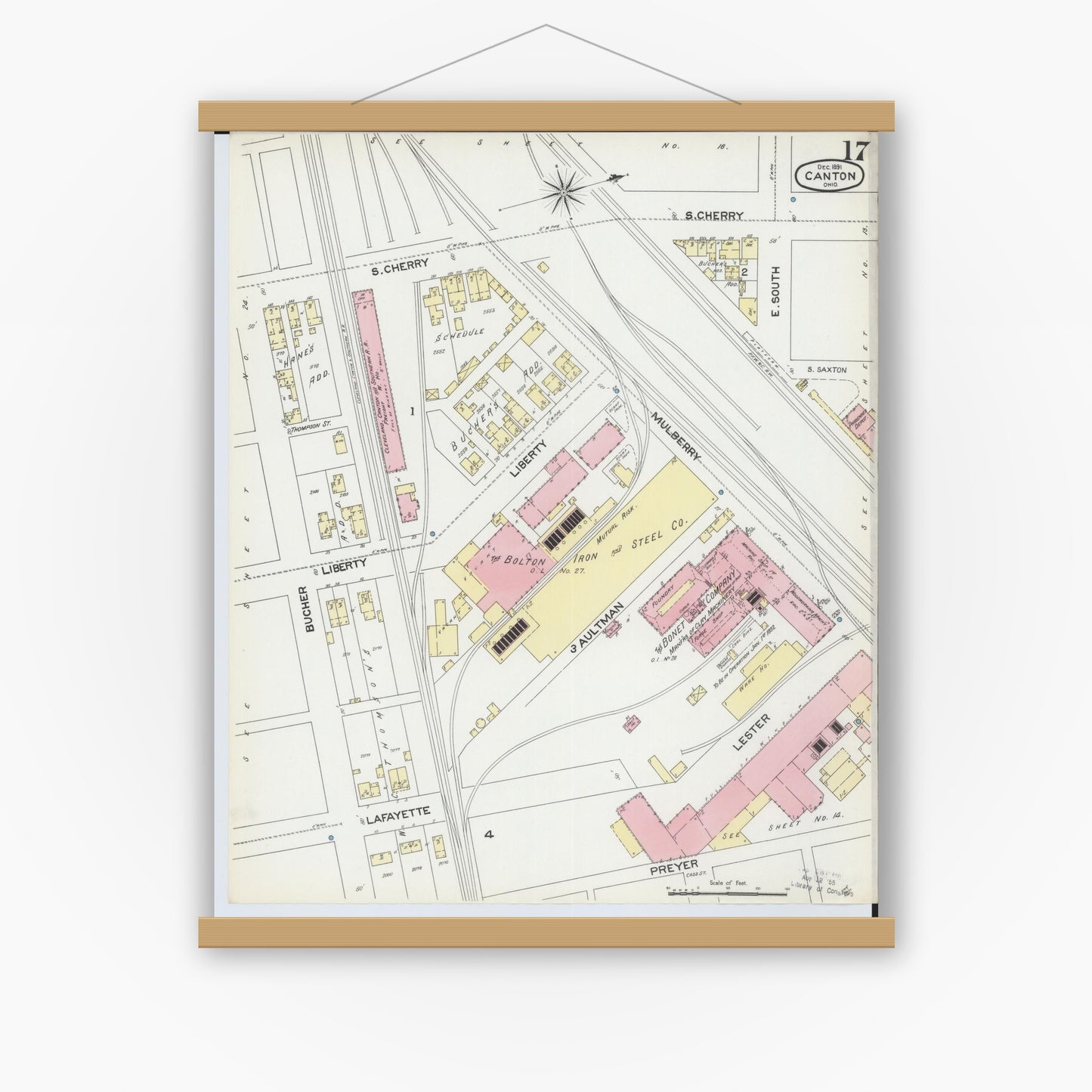 Old map wall art mockup — magnetic wood frame on white wall — Sanborn Fire Insurance Map from Canton, Stark County, Ohio (1891), Sheet #0017