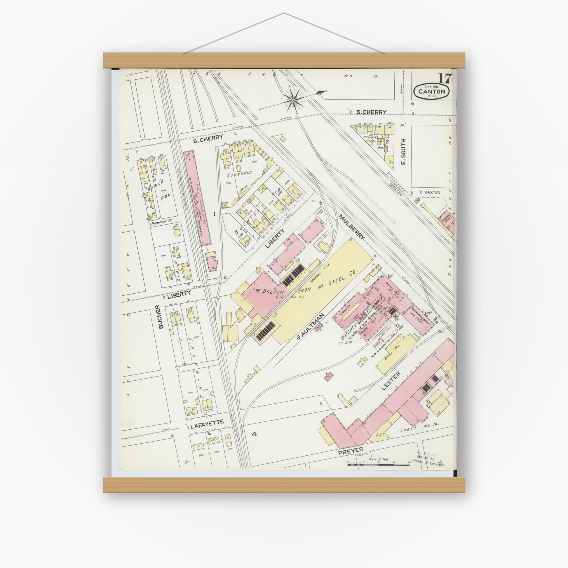 Old map wall art mockup — magnetic wood frame on white wall — Sanborn Fire Insurance Map from Canton, Stark County, Ohio (1891), Sheet #0017