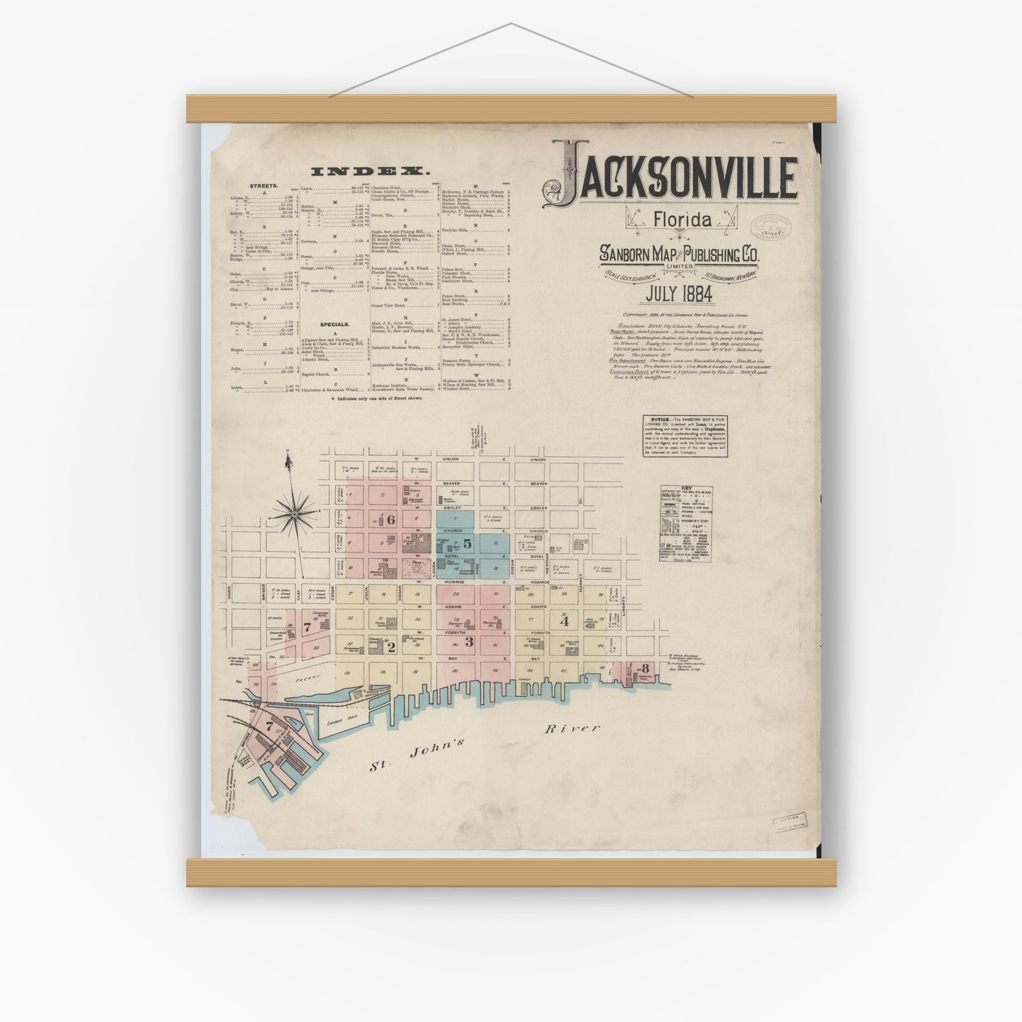Old map wall art mockup — magnetic wood frame on white wall — Sanborn Fire Insurance Map from Jacksonville, Duval County, Florida (1884) - Complete Map Set