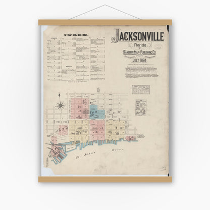 Old map wall art mockup — magnetic wood frame on white wall — Sanborn Fire Insurance Map from Jacksonville, Duval County, Florida (1884) - Complete Map Set