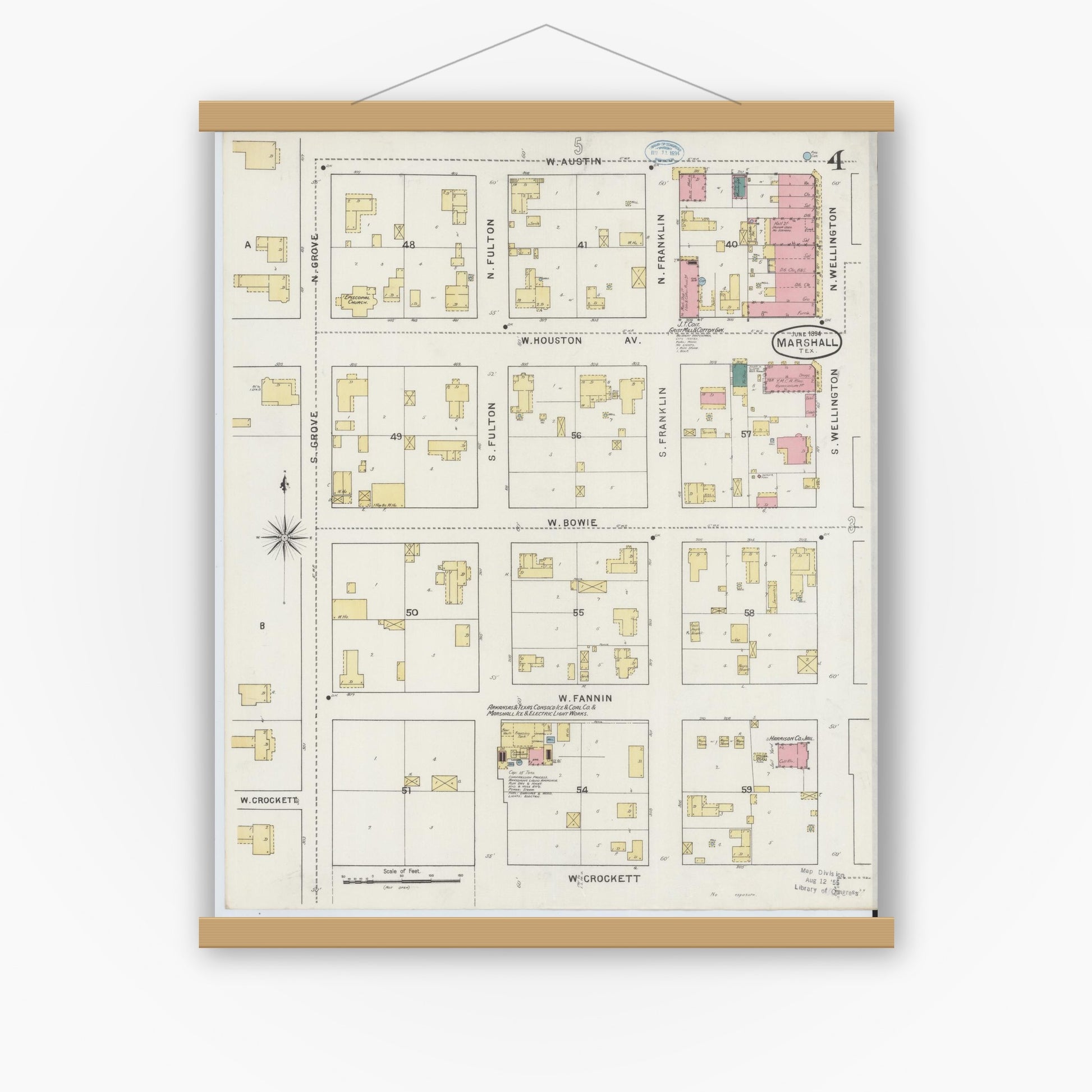 Old map wall art mockup — magnetic wood frame on white wall — Sanborn Fire Insurance Map from Marshall, Harrison County, Texas (1894), Sheet #0004