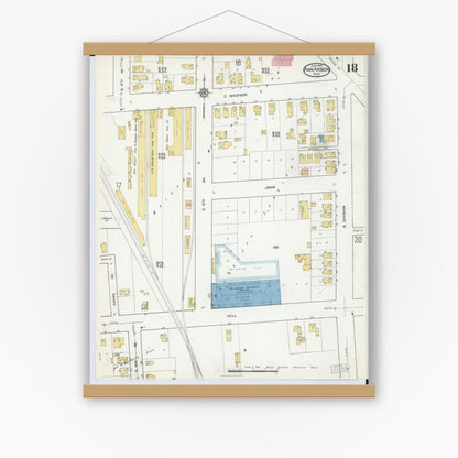 Old map wall art mockup — magnetic wood frame on white wall — Sanborn Fire Insurance Map from Ann Arbor, Washtenaw County, Michigan (1916), Sheet #0018