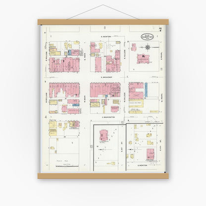 Old map wall art mockup — magnetic wood frame on white wall — Sanborn Fire Insurance Map from Albert Lea, Freeborn County, Minnesota (1910), Sheet #0007