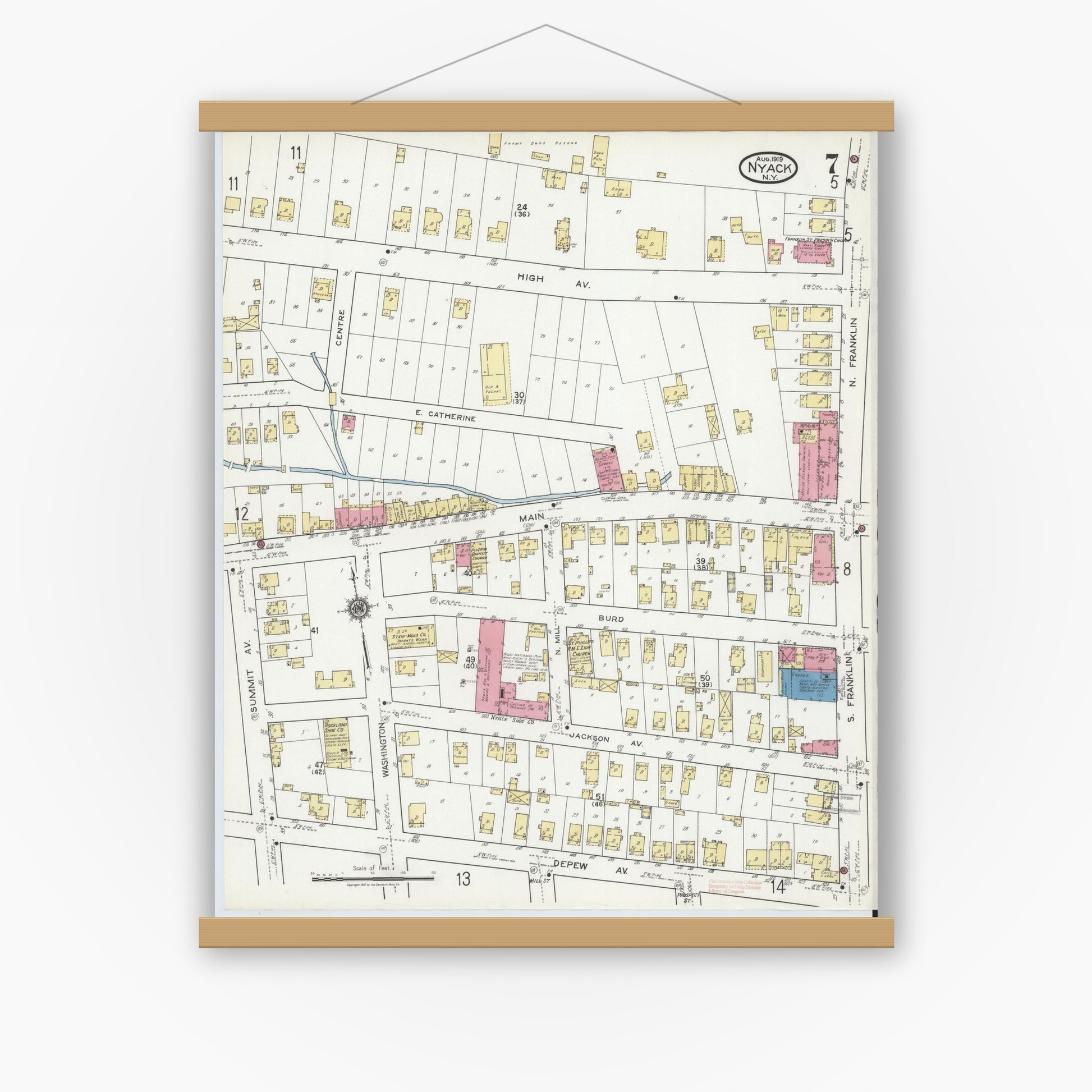 Old map wall art mockup — magnetic wood frame on white wall — Sanborn Fire Insurance Map from Nyack, Rockland County, New York (1919), Sheet #0007