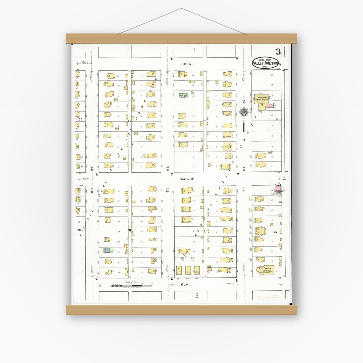Old map wall art mockup — magnetic wood frame on white wall — Sanborn Fire Insurance Map from Valley Junction, Polk County, Iowa (1920), Sheet #0003
