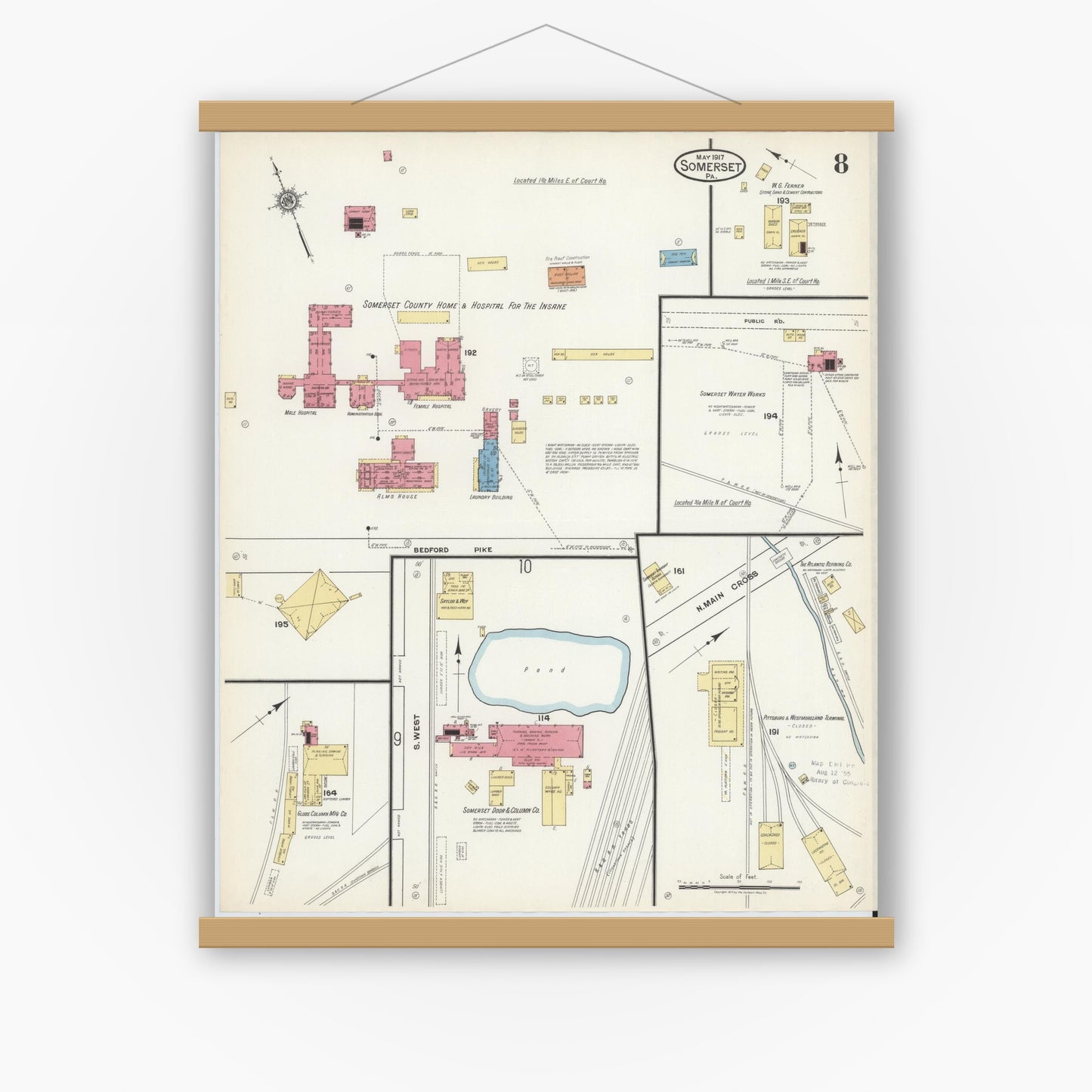 Old map wall art mockup — magnetic wood frame on white wall — Sanborn Fire Insurance Map from Somerset, Somerset County, Pennsylvania (1917), Sheet #0008