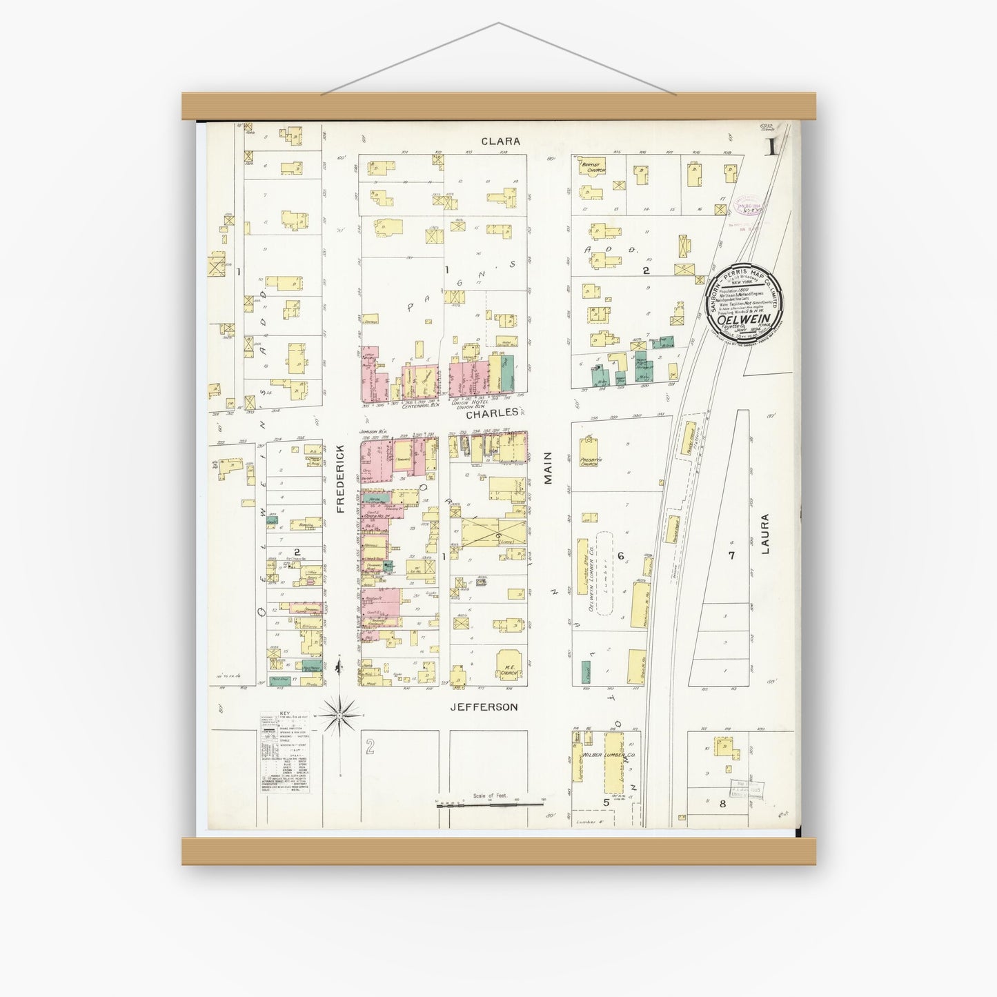 Old map wall art mockup — magnetic wood frame on white wall — Sanborn Fire Insurance Map from Oelwein, Fayette County, Iowa (1894), Sheet #0001