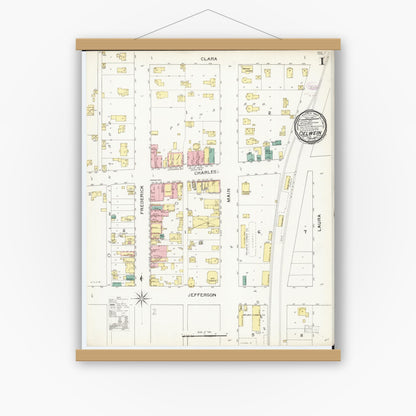 Old map wall art mockup — magnetic wood frame on white wall — Sanborn Fire Insurance Map from Oelwein, Fayette County, Iowa (1894), Sheet #0001