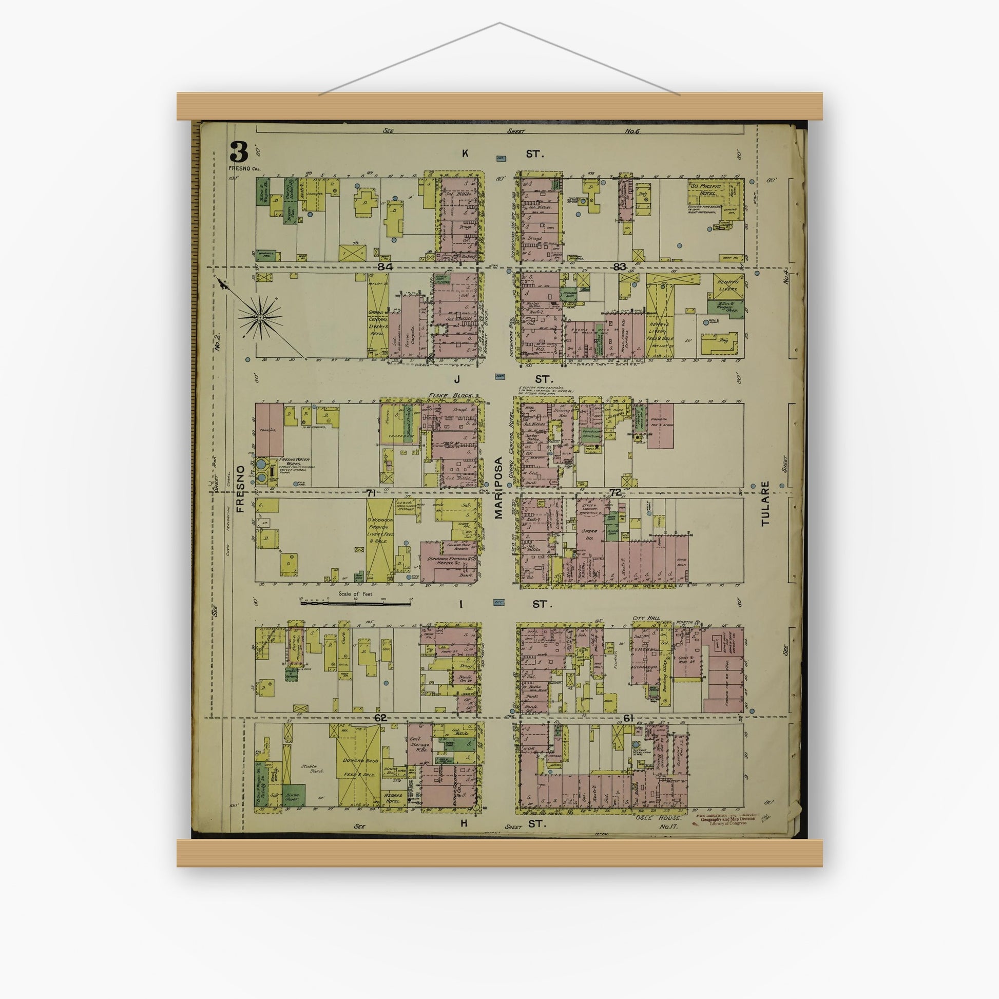Old map wall art mockup — magnetic wood frame on white wall — Sanborn Fire Insurance Map from Fresno, Fresno County, California (1888), Sheet #0003