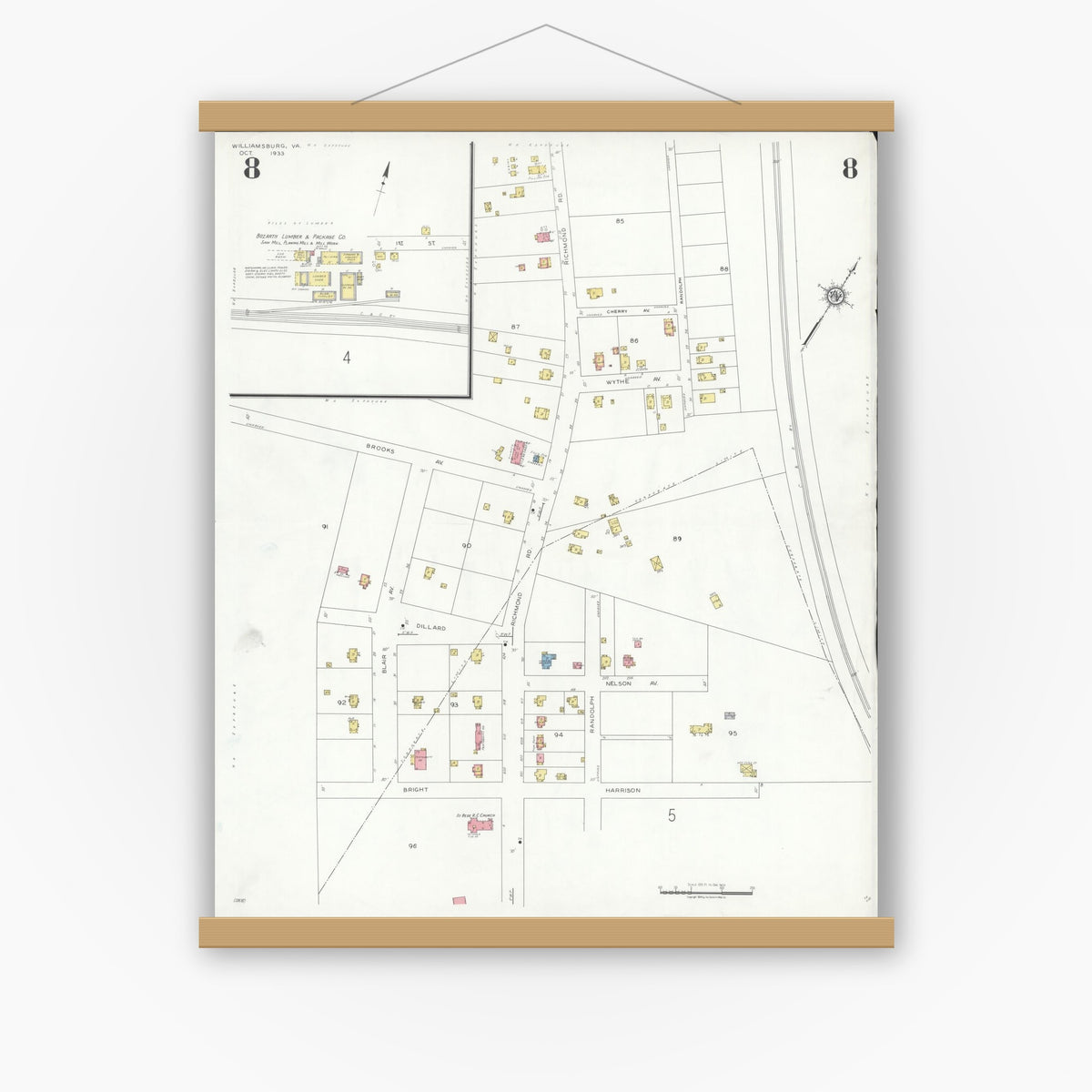Old map wall art mockup — magnetic wood frame on white wall — Sanborn Fire Insurance Map from Williamsburg, Independent Cities, Virginia (1933), Sheet #0008