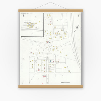Old map wall art mockup — magnetic wood frame on white wall — Sanborn Fire Insurance Map from Williamsburg, Independent Cities, Virginia (1933), Sheet #0008