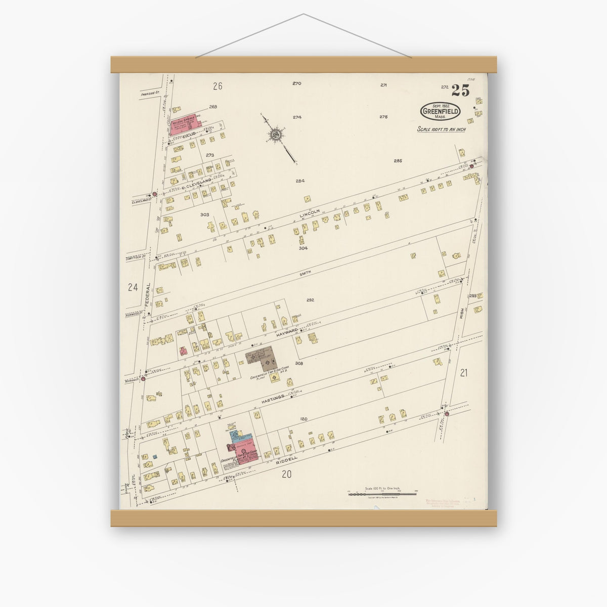 Old map wall art mockup — magnetic wood frame on white wall — Sanborn Fire Insurance Map from Greenfield, Franklin County, Massachusetts (1922), Sheet #0025