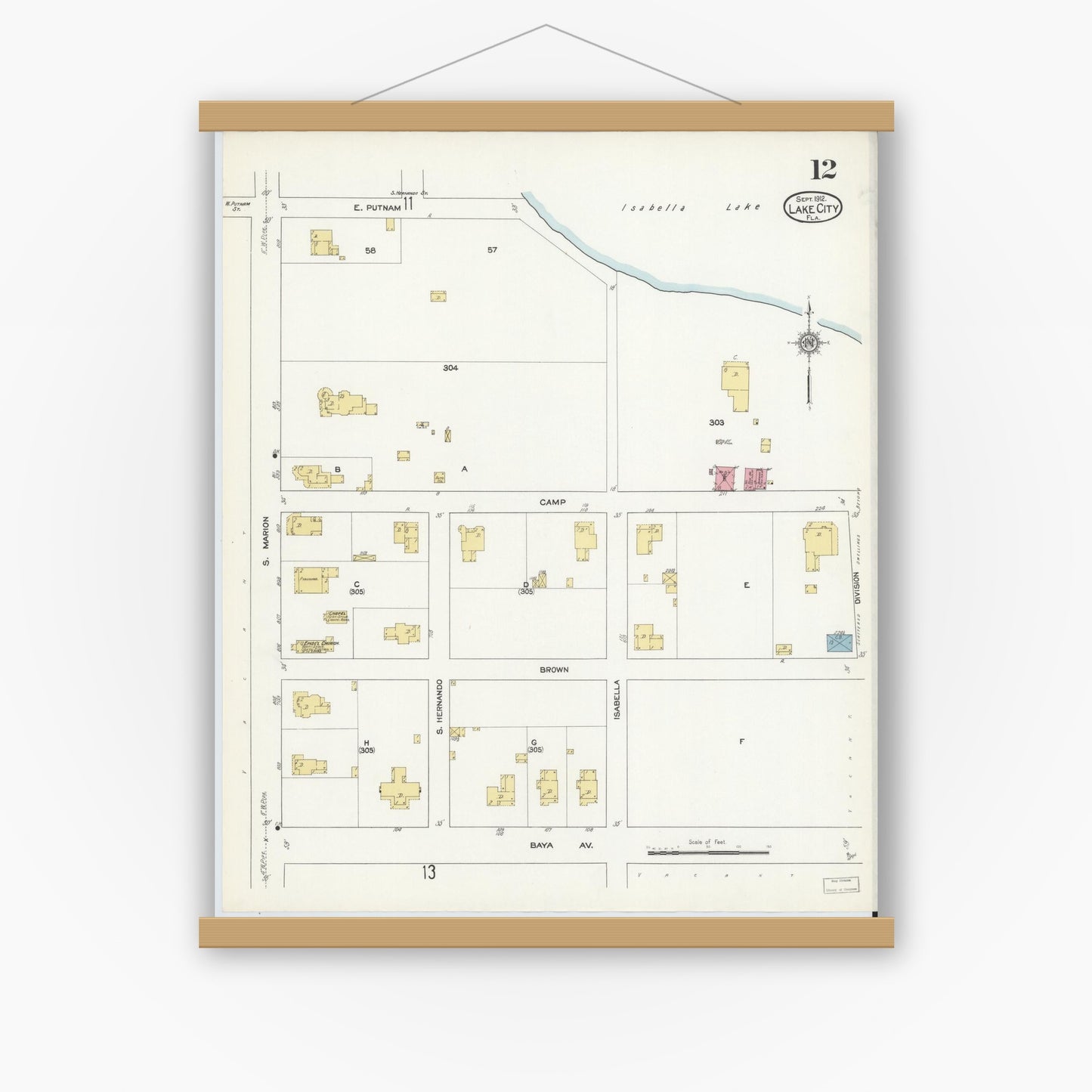 Old map wall art mockup — magnetic wood frame on white wall — Sanborn Fire Insurance Map from Lake City, Columbia County, Florida (1912), Sheet #0012