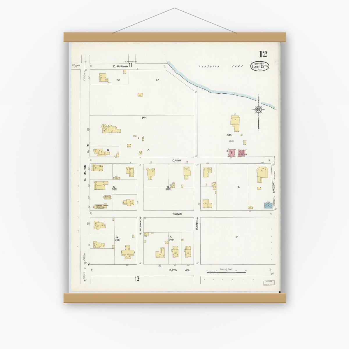 Old map wall art mockup — magnetic wood frame on white wall — Sanborn Fire Insurance Map from Lake City, Columbia County, Florida (1912), Sheet #0012