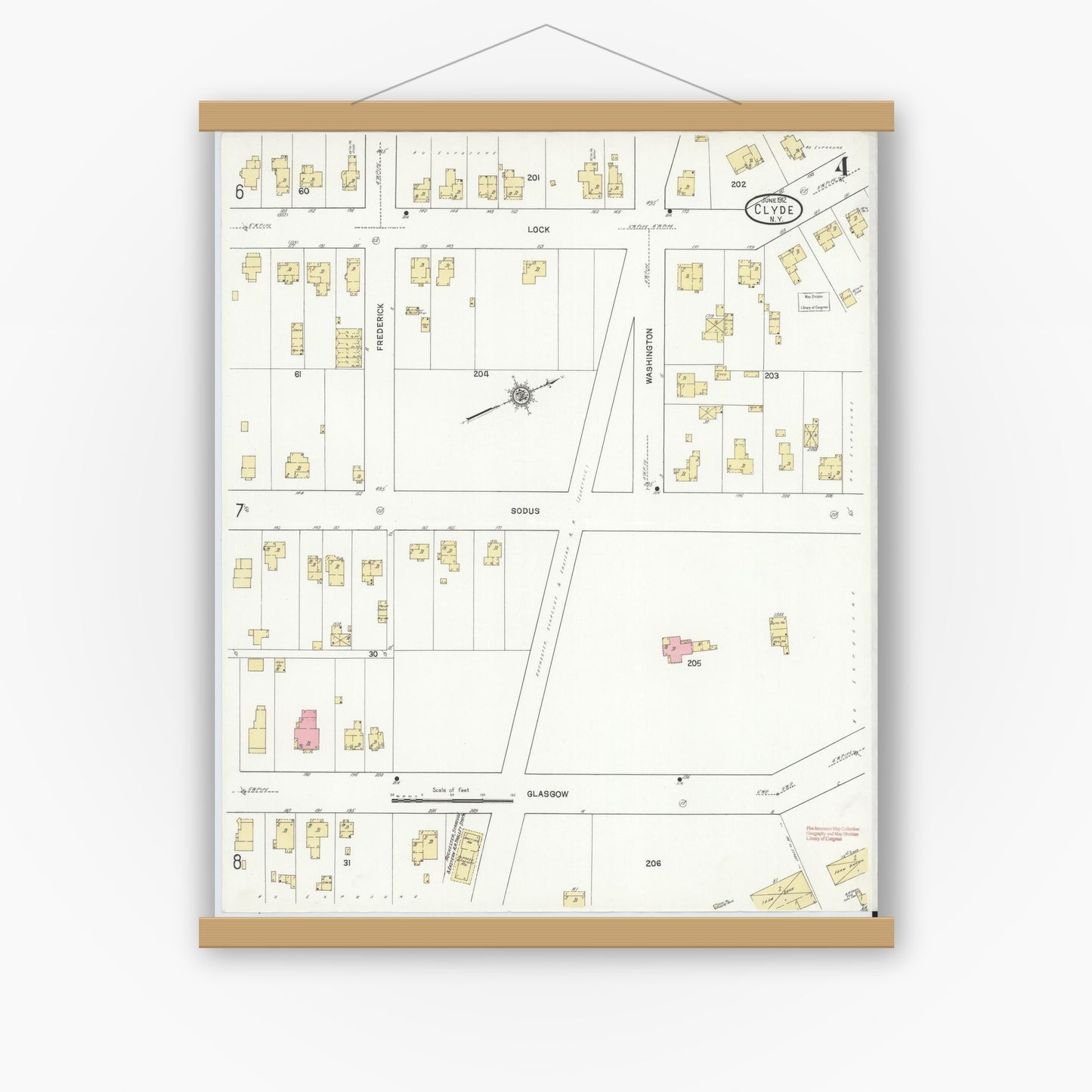 Old map wall art mockup — magnetic wood frame on white wall — Sanborn Fire Insurance Map from Clyde, Wayne County, New York (1912), Sheet #0004