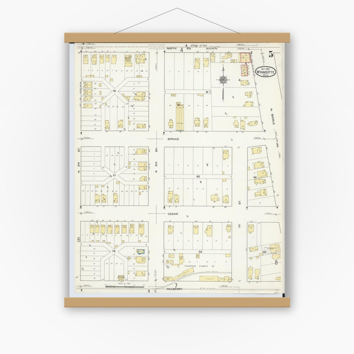 Old map wall art mockup — magnetic wood frame on white wall — Sanborn Fire Insurance Map from Wyandotte, Wayne County, Michigan (1912), Sheet #0005