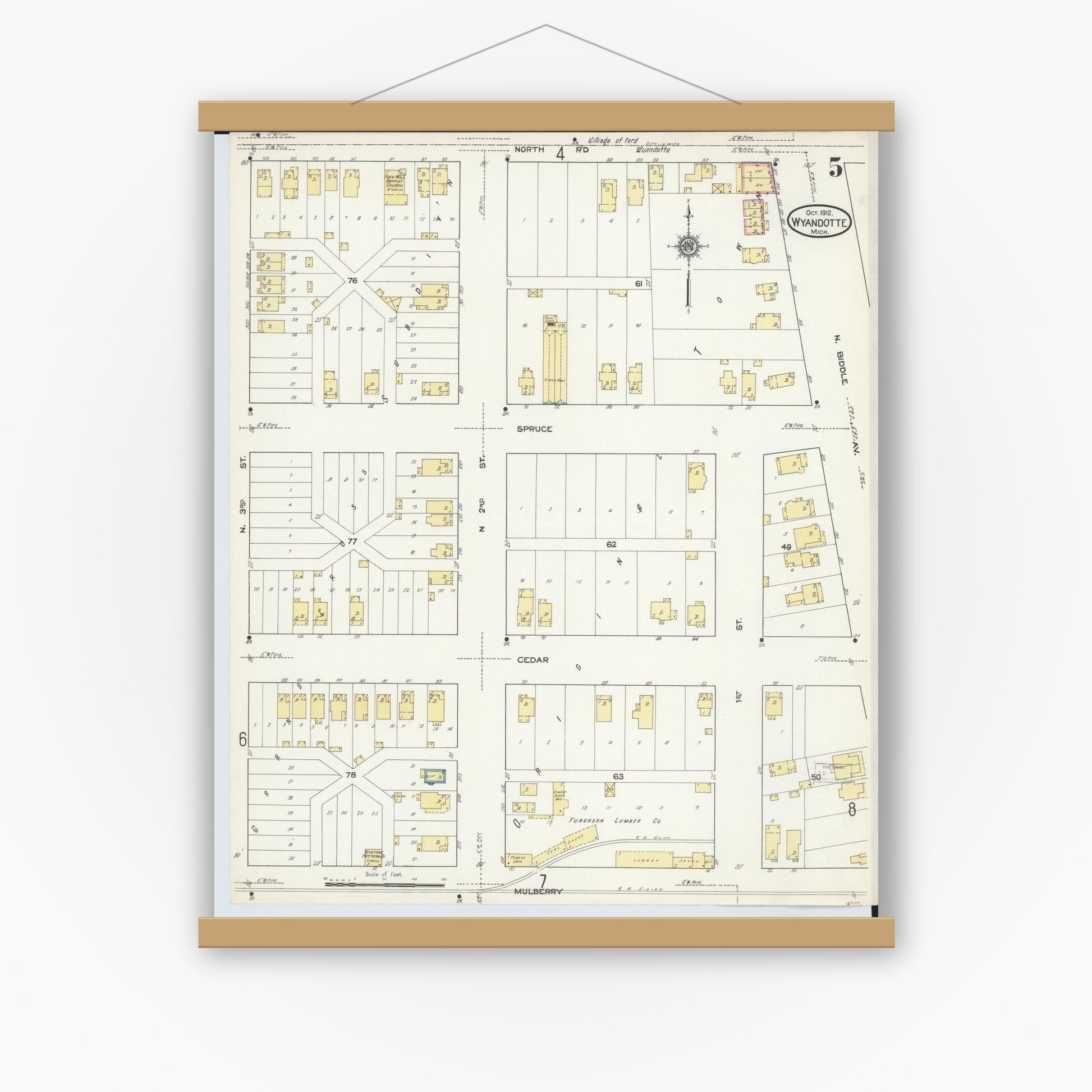 Old map wall art mockup — magnetic wood frame on white wall — Sanborn Fire Insurance Map from Wyandotte, Wayne County, Michigan (1912), Sheet #0005