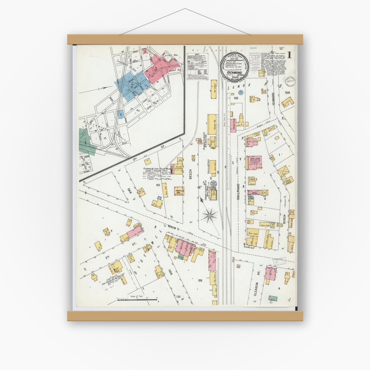 Old map wall art mockup — magnetic wood frame on white wall — Sanborn Fire Insurance Map from Richmond, Macomb County, Michigan (1900) - Complete Map Set