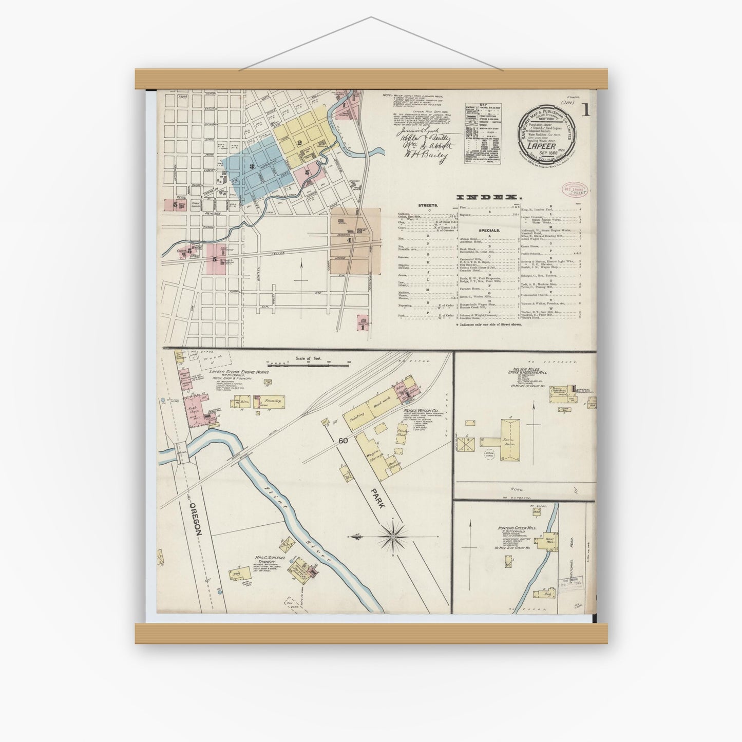 Old map wall art mockup — magnetic wood frame on white wall — Sanborn Fire Insurance Map from Lapeer, Lapeer County, Michigan (1888) - Complete Map Set