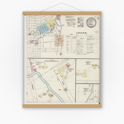 Old map wall art mockup — magnetic wood frame on white wall — Sanborn Fire Insurance Map from Lapeer, Lapeer County, Michigan (1888) - Complete Map Set
