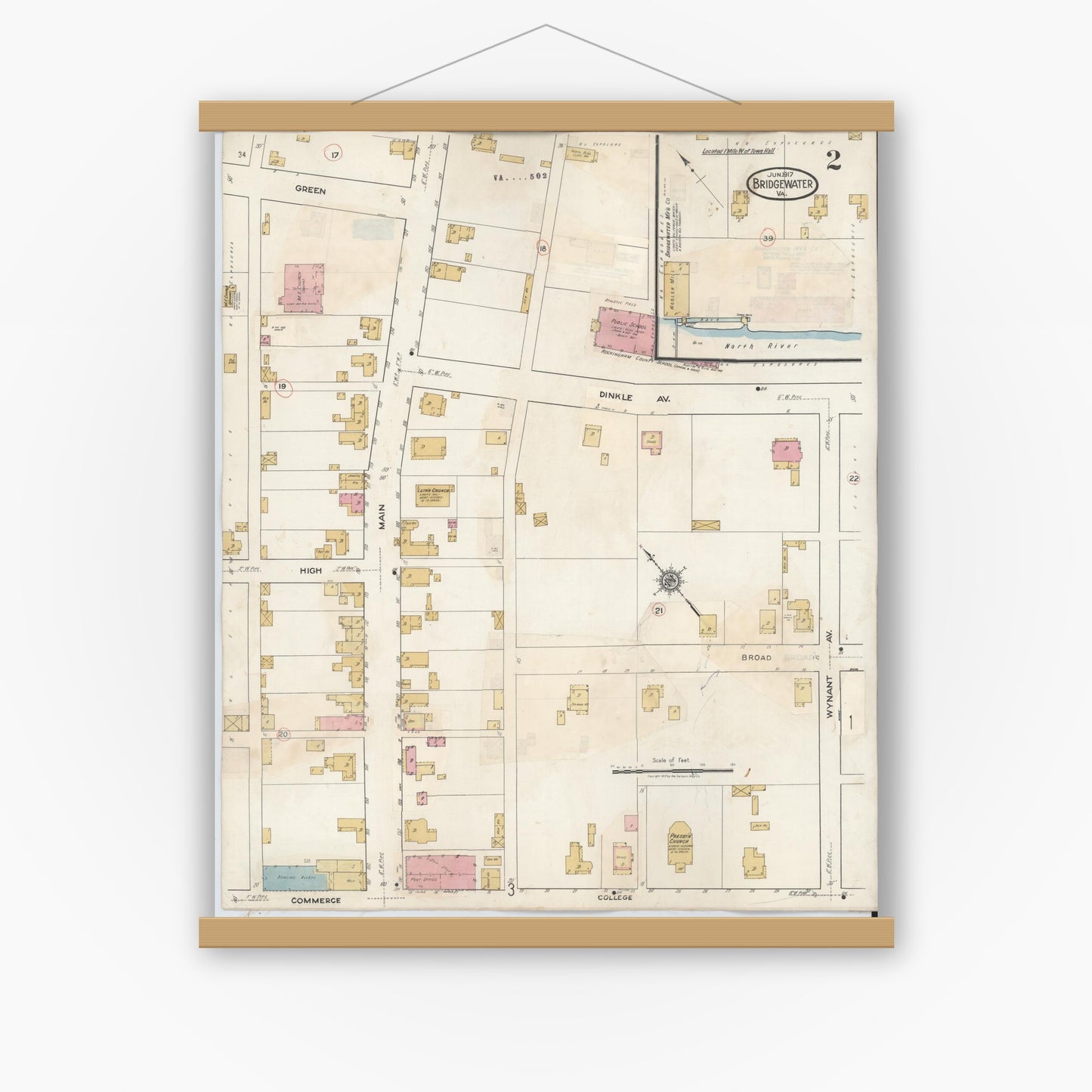 Old map wall art mockup — magnetic wood frame on white wall — Sanborn Fire Insurance Map from Bridgewater, Rockingham County, Virginia (1917), Sheet #0002