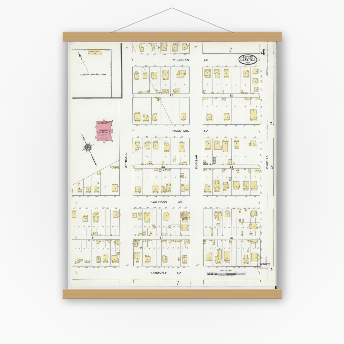 Old map wall art mockup — magnetic wood frame on white wall — Sanborn Fire Insurance Map from Electra, Wichita County, Texas (1919), Sheet #0004