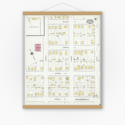 Old map wall art mockup — magnetic wood frame on white wall — Sanborn Fire Insurance Map from Electra, Wichita County, Texas (1919), Sheet #0004