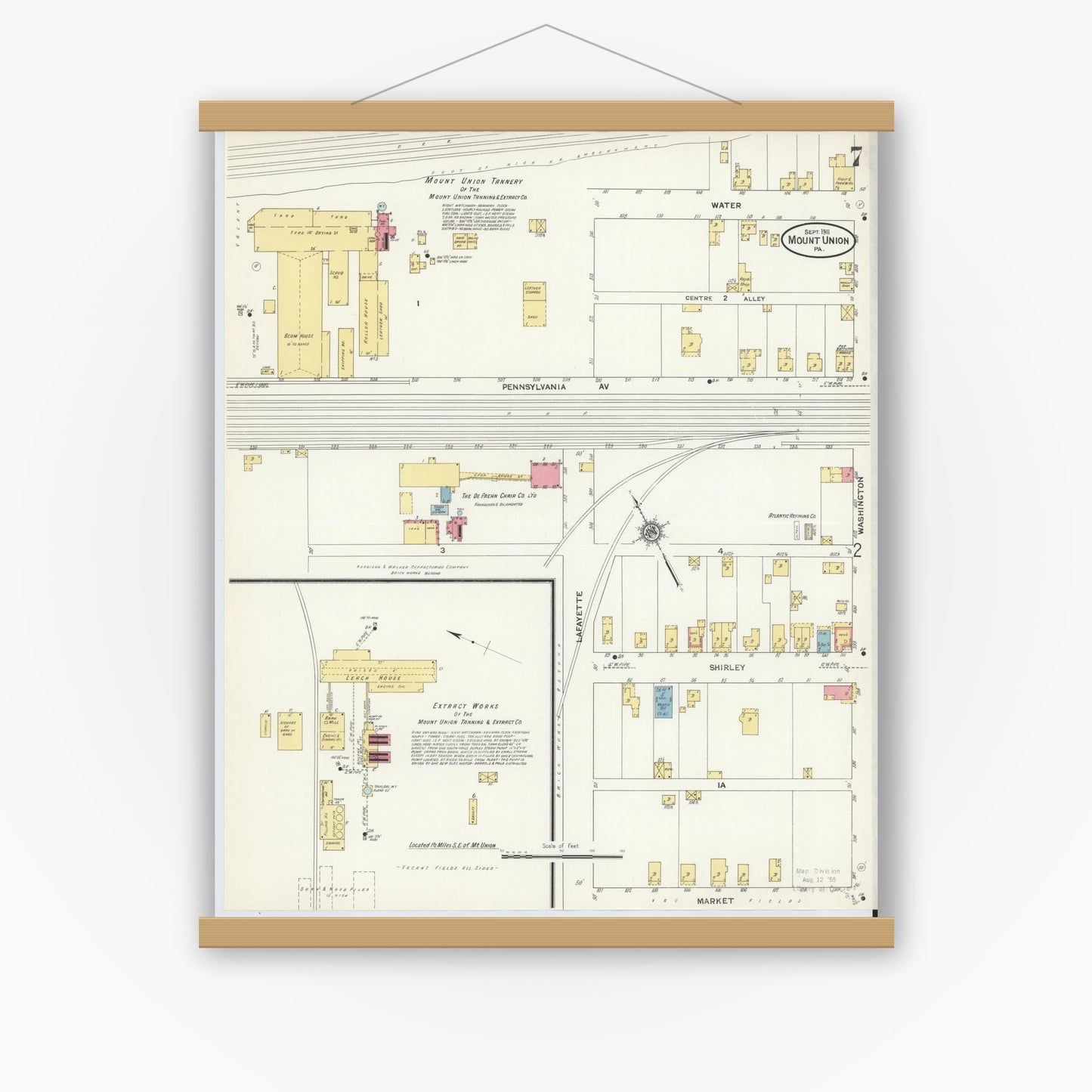 Old map wall art mockup — magnetic wood frame on white wall — Sanborn Fire Insurance Map from Mount Union, Huntingdon County, Pennsylvania (1911), Sheet #0007