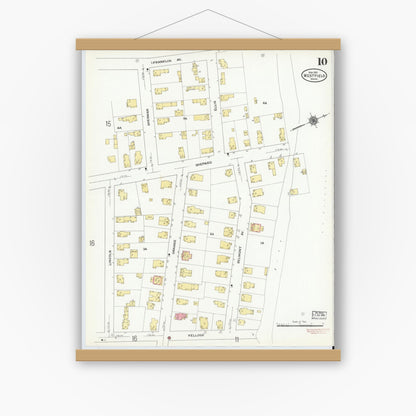 Old map wall art mockup — magnetic wood frame on white wall — Sanborn Fire Insurance Map from Westfield, Hampden County, Massachusetts (1910), Sheet #0010