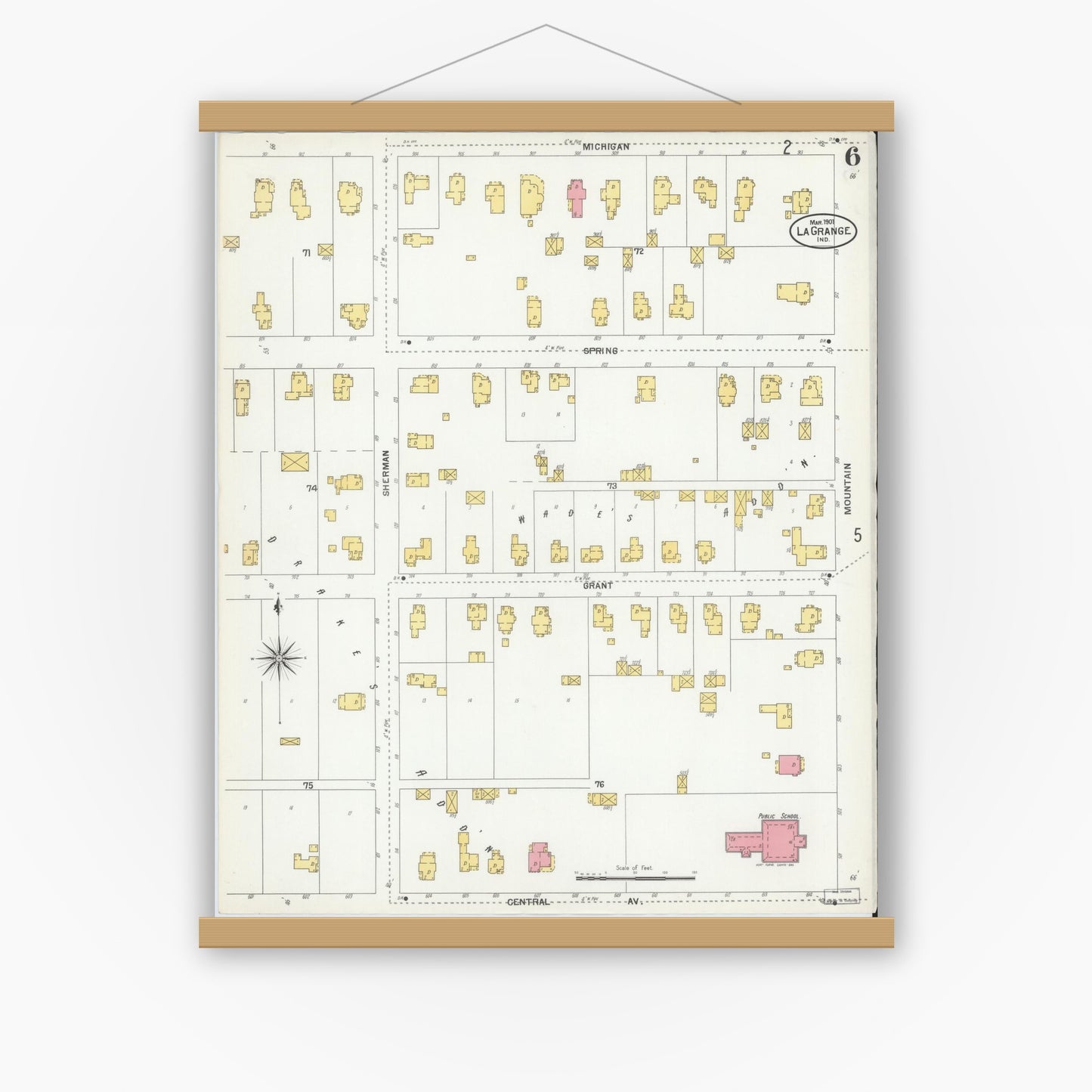 Old map wall art mockup — magnetic wood frame on white wall — Sanborn Fire Insurance Map from Lagrange, LaGrange County, Indiana (1901), Sheet #0006