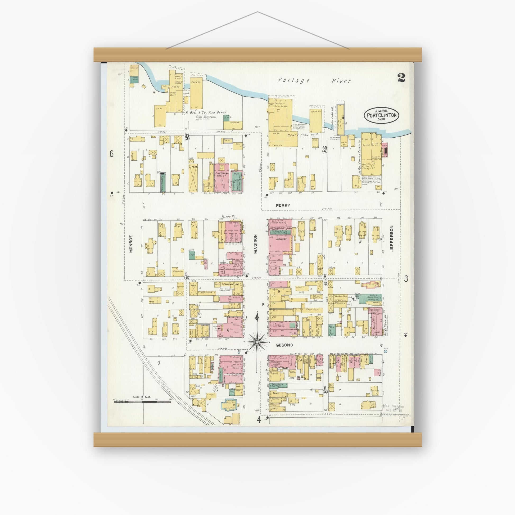 Old map wall art mockup — magnetic wood frame on white wall — Sanborn Fire Insurance Map from Port Clinton, Ottawa County, Ohio (1904), Sheet #0002