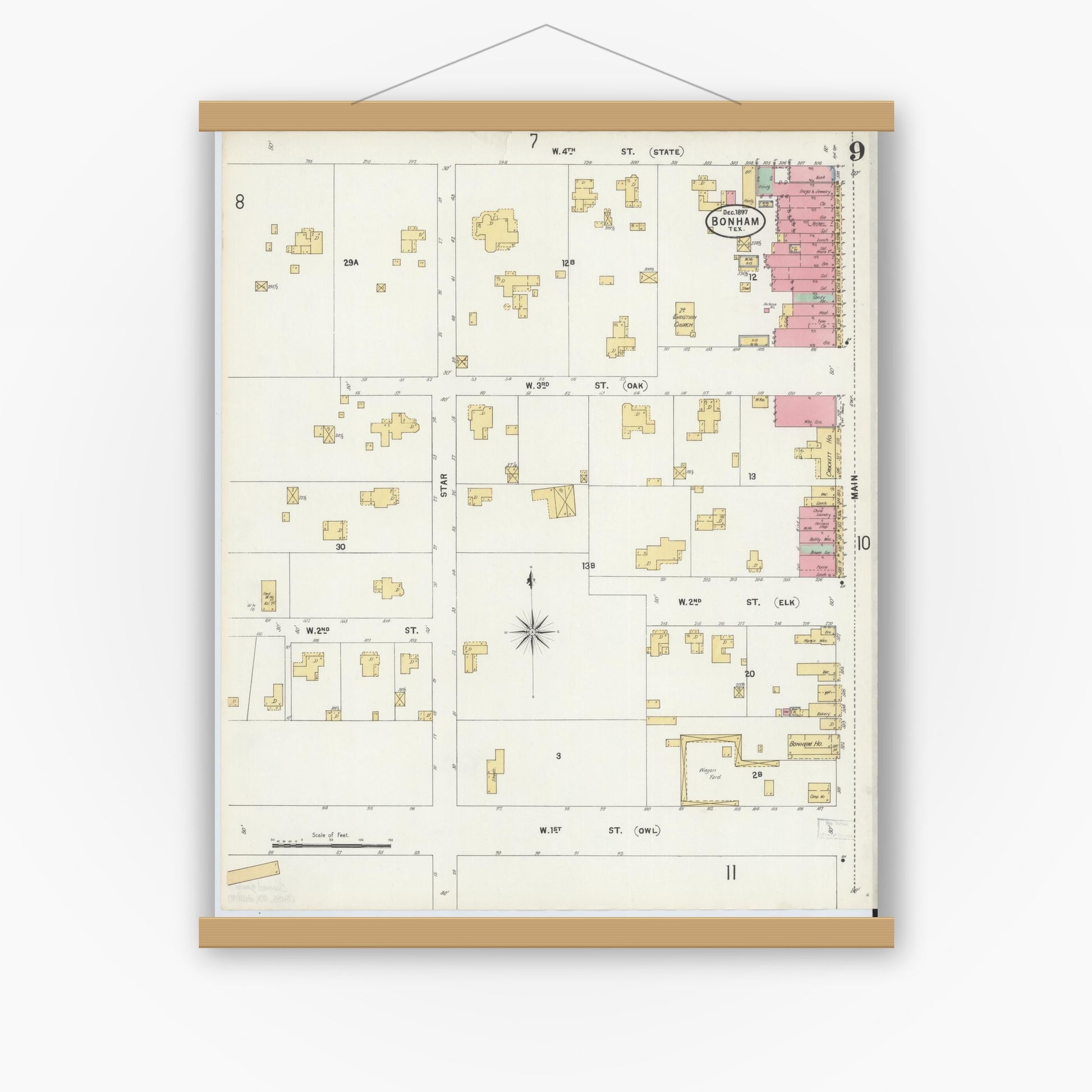 Old map wall art mockup — magnetic wood frame on white wall — Sanborn Fire Insurance Map from Bonham, Fannin County, Texas (1897), Sheet #0009