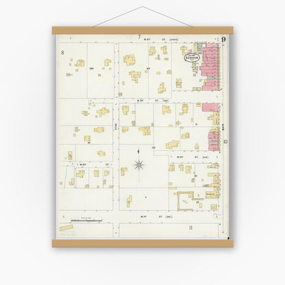 Old map wall art mockup — magnetic wood frame on white wall — Sanborn Fire Insurance Map from Bonham, Fannin County, Texas (1897), Sheet #0009