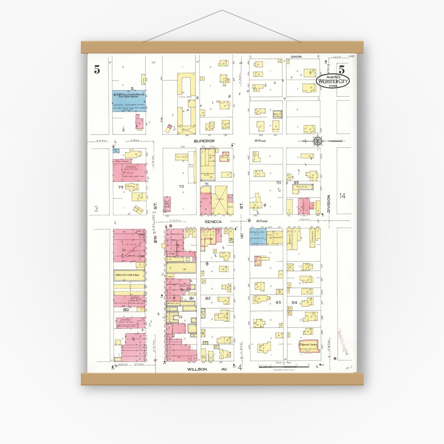 Old map wall art mockup — magnetic wood frame on white wall — Sanborn Fire Insurance Map from Webster City, Hamilton County, Iowa (1923), Sheet #0005