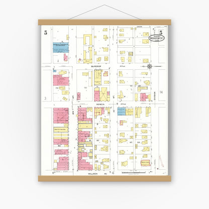 Old map wall art mockup — magnetic wood frame on white wall — Sanborn Fire Insurance Map from Webster City, Hamilton County, Iowa (1923), Sheet #0005