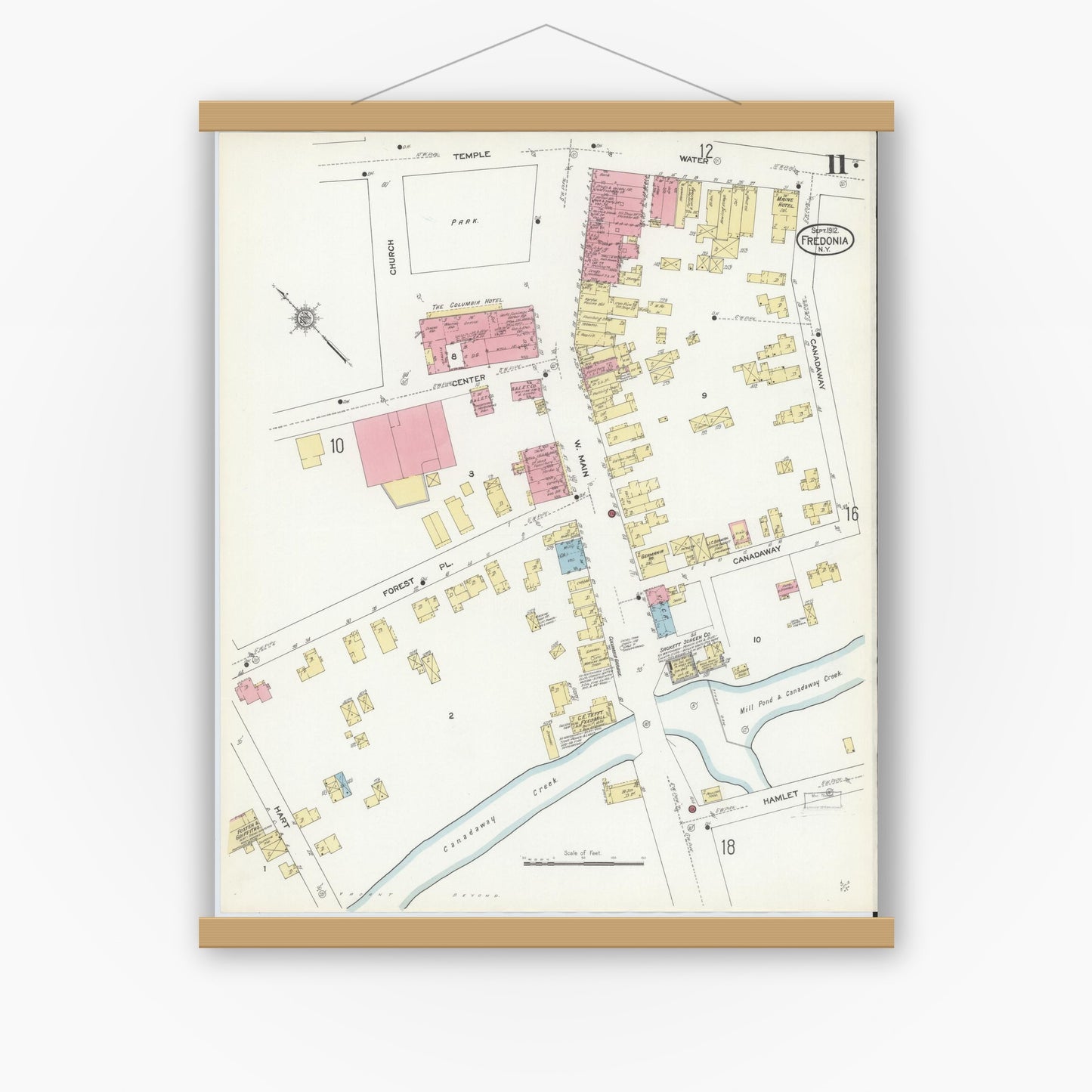 Old map wall art mockup — magnetic wood frame on white wall — Sanborn Fire Insurance Map from Fredonia, Chautauqua County, New York (1912), Sheet #0011