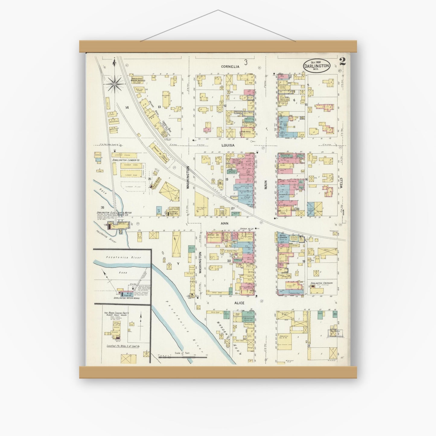 Old map wall art mockup — magnetic wood frame on white wall — Sanborn Fire Insurance Map from Darlington, Lafayette County, Wisconsin (1908), Sheet #0002