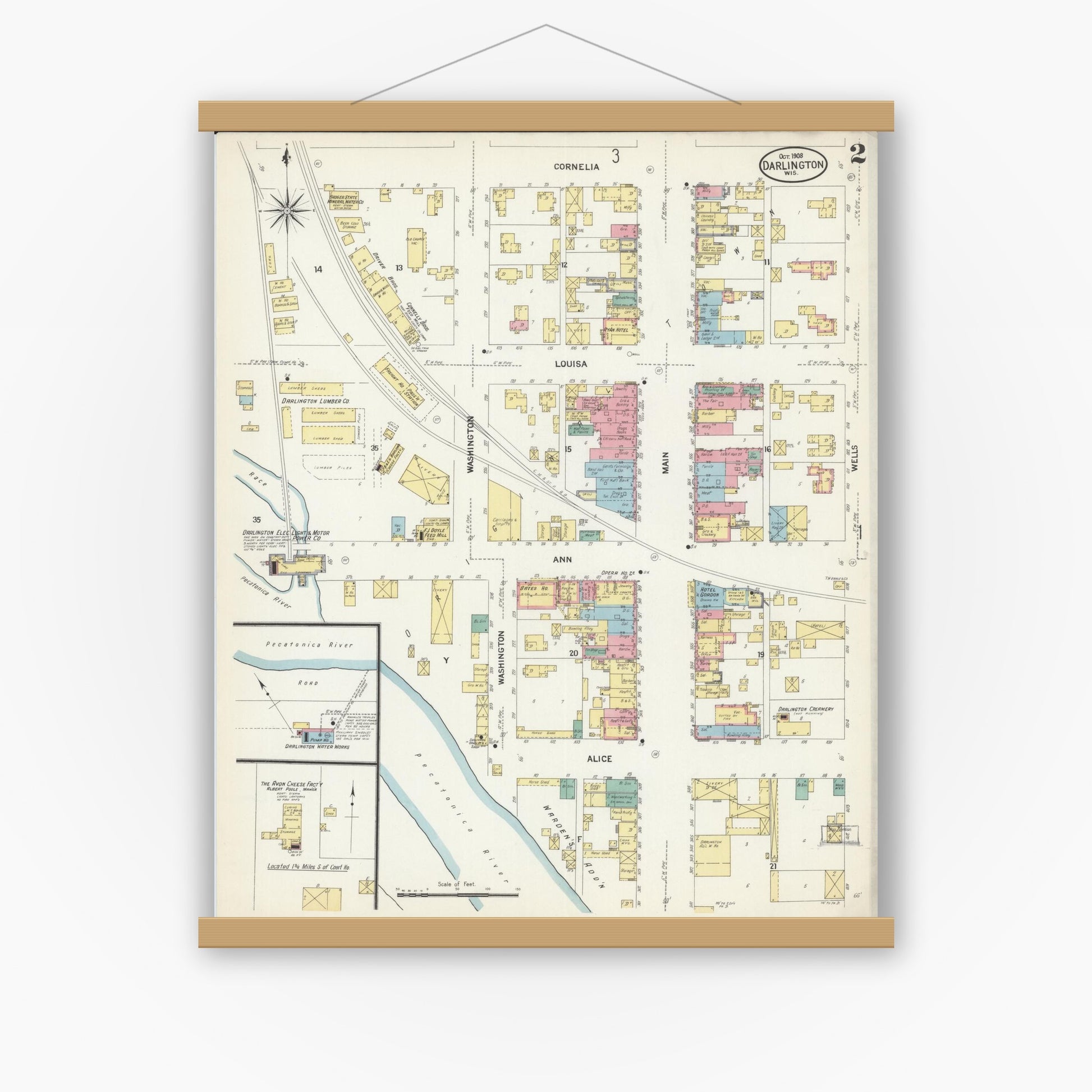 Old map wall art mockup — magnetic wood frame on white wall — Sanborn Fire Insurance Map from Darlington, Lafayette County, Wisconsin (1908), Sheet #0002