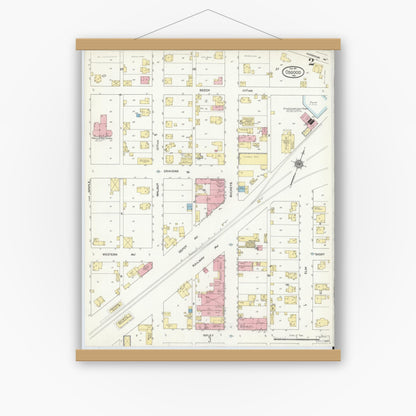 Old map wall art mockup — magnetic wood frame on white wall — Sanborn Fire Insurance Map from Osgood, Ripley County, Indiana (1911), Sheet #0002