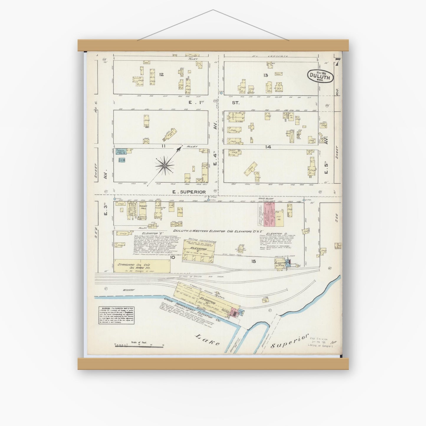 Old map wall art mockup — magnetic wood frame on white wall — Sanborn Fire Insurance Map from Duluth, Saint Louis County, Minnesota (1884), Sheet #0007
