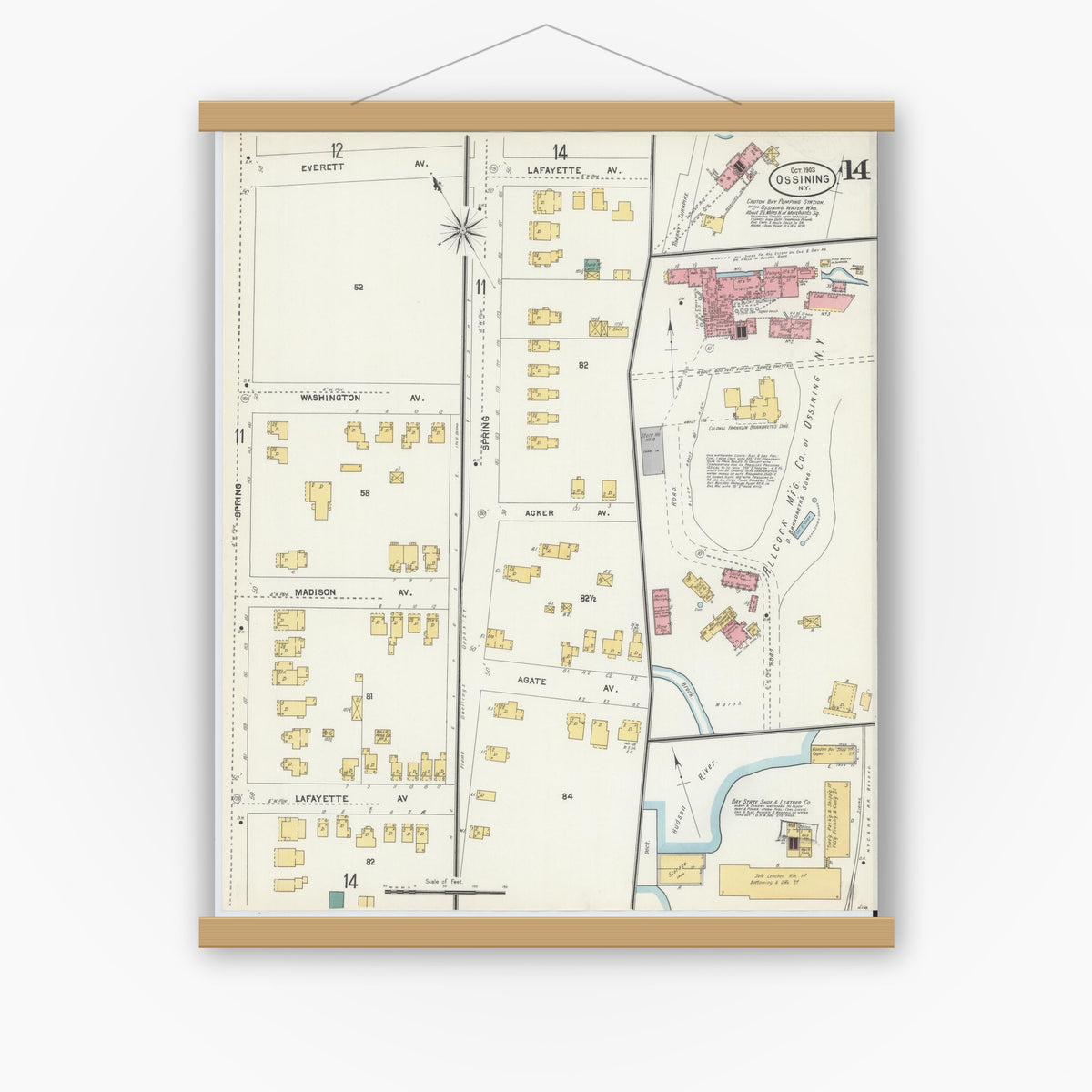 Old map wall art mockup — magnetic wood frame on white wall — Sanborn Fire Insurance Map from Ossining, Westchester County, New York (1903), Sheet #0014
