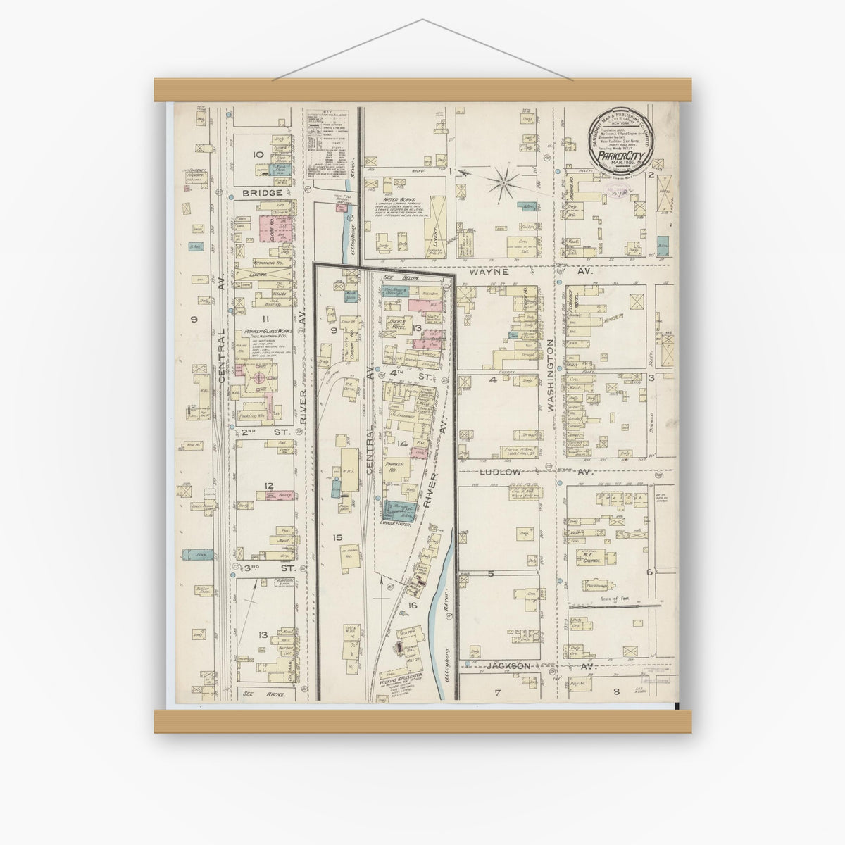 Old map wall art mockup — magnetic wood frame on white wall — Sanborn Fire Insurance Map from Parkers Landing, Armstrong County, Pennsylvania (1886), Sheet #0001