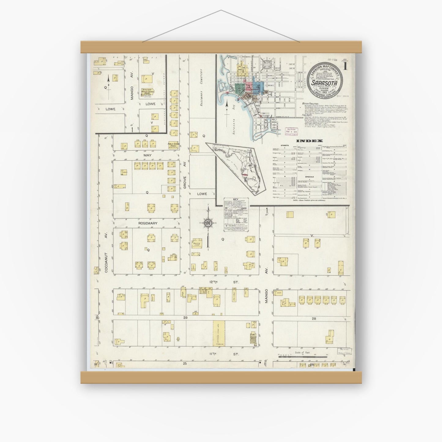 Old map wall art mockup — magnetic wood frame on white wall — Sanborn Fire Insurance Map from Sarasota, Sarasota County, Florida (1913), Sheet #0001