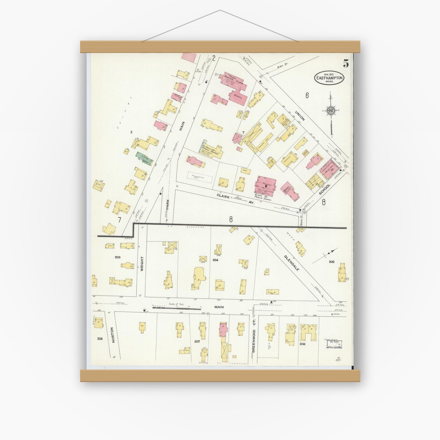 Old map wall art mockup — magnetic wood frame on white wall — Sanborn Fire Insurance Map from East Hampton, Hampshire County, Massachusetts (1910), Sheet #0005