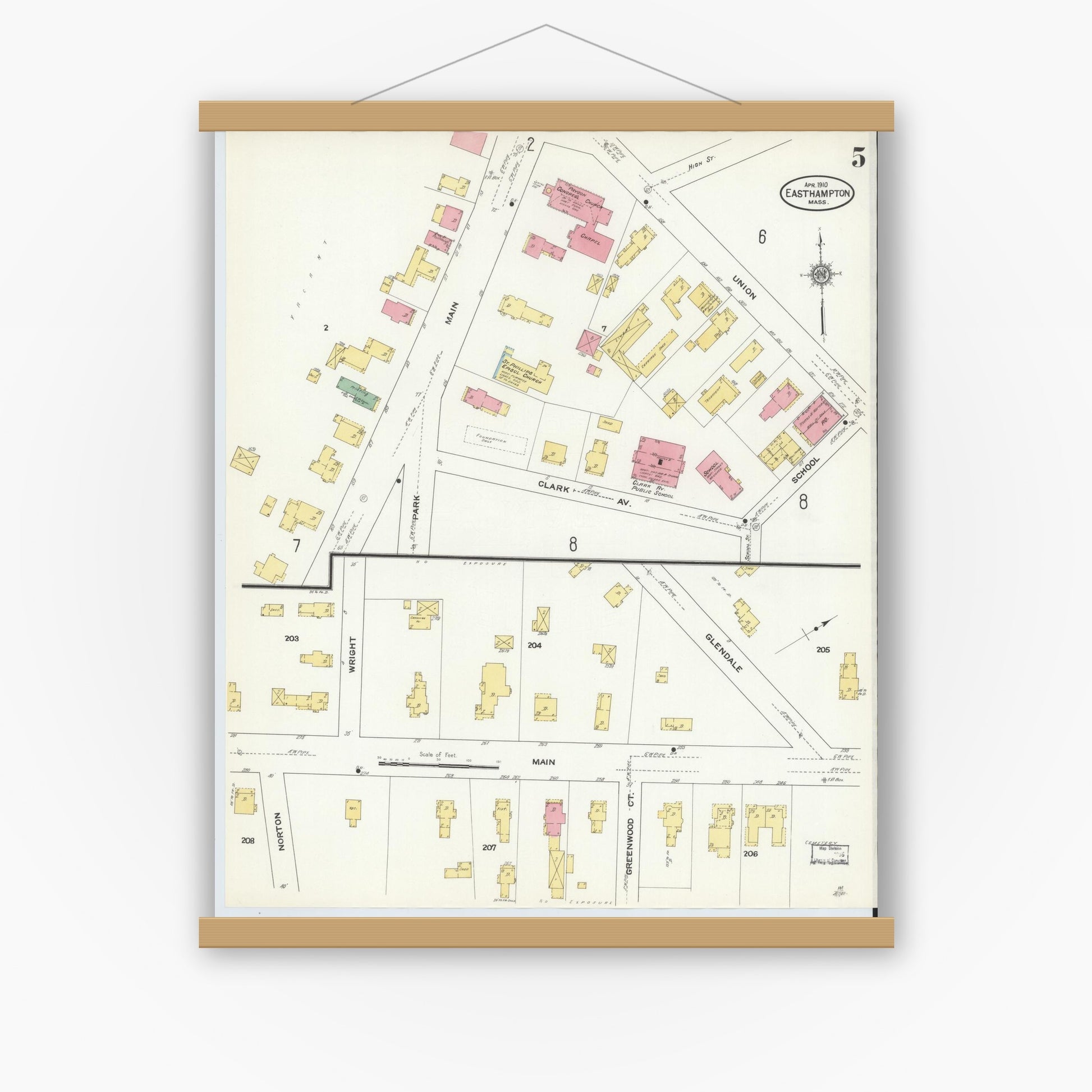 Old map wall art mockup — magnetic wood frame on white wall — Sanborn Fire Insurance Map from East Hampton, Hampshire County, Massachusetts (1910), Sheet #0005