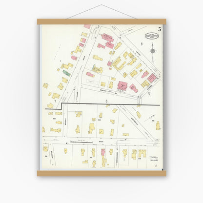 Old map wall art mockup — magnetic wood frame on white wall — Sanborn Fire Insurance Map from East Hampton, Hampshire County, Massachusetts (1910), Sheet #0005