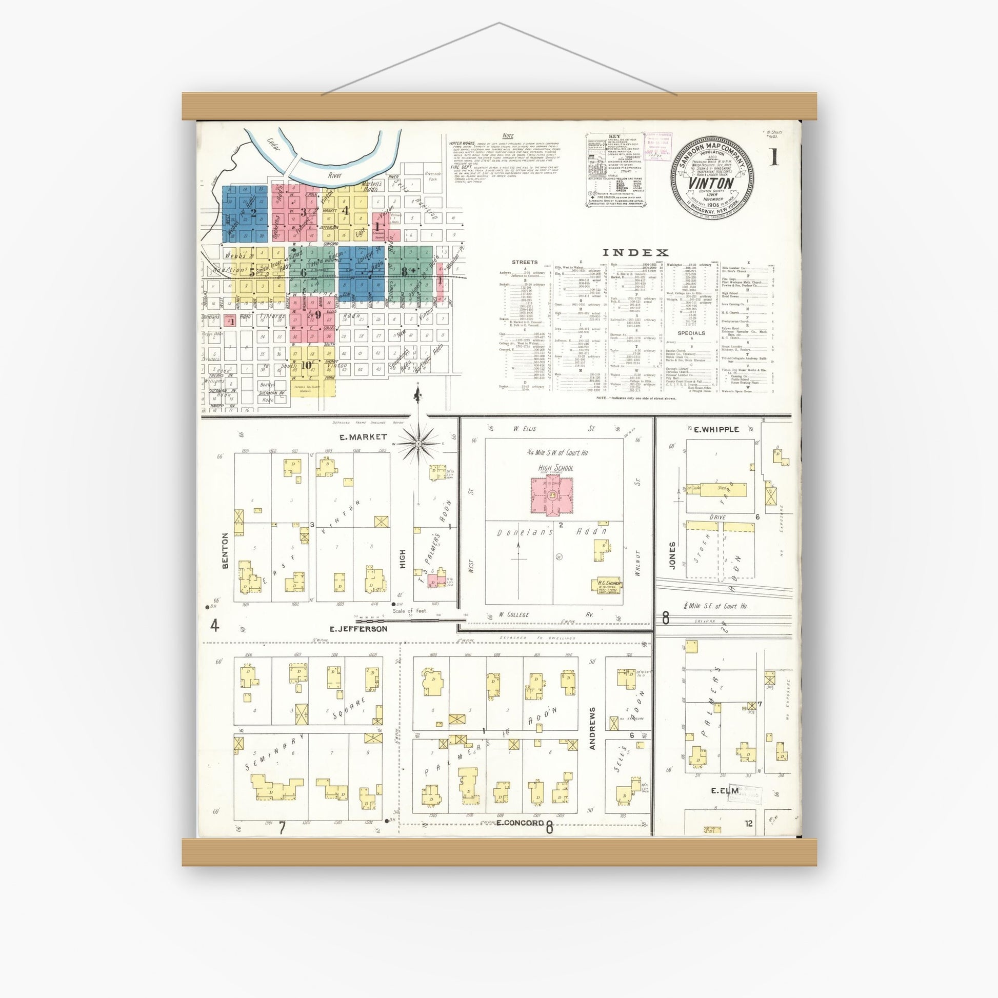 Old map wall art mockup — magnetic wood frame on white wall — Sanborn Fire Insurance Map from Vinton, Benton County, Iowa (1906), Sheet #0001