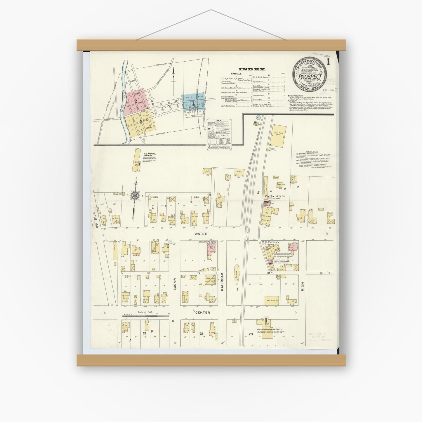 Old map wall art mockup — magnetic wood frame on white wall — Sanborn Fire Insurance Map from Prospect, Marion County, Ohio (1910), Sheet #0001