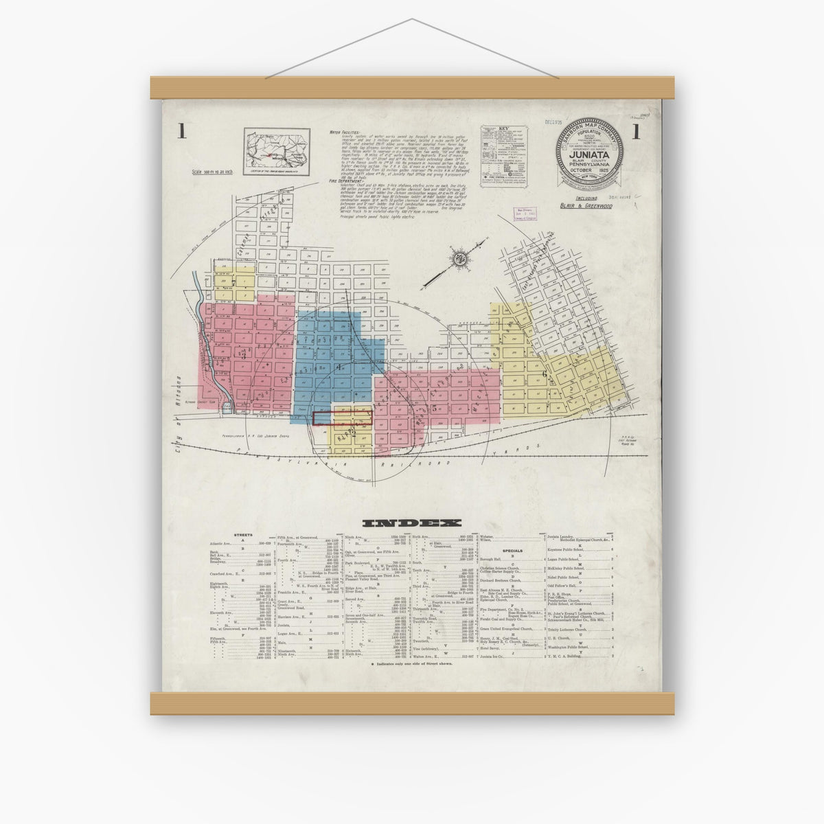Old map wall art mockup — magnetic wood frame on white wall — Sanborn Fire Insurance Map from Juniata, Blair County, Pennsylvania (1925), Sheet #0001
